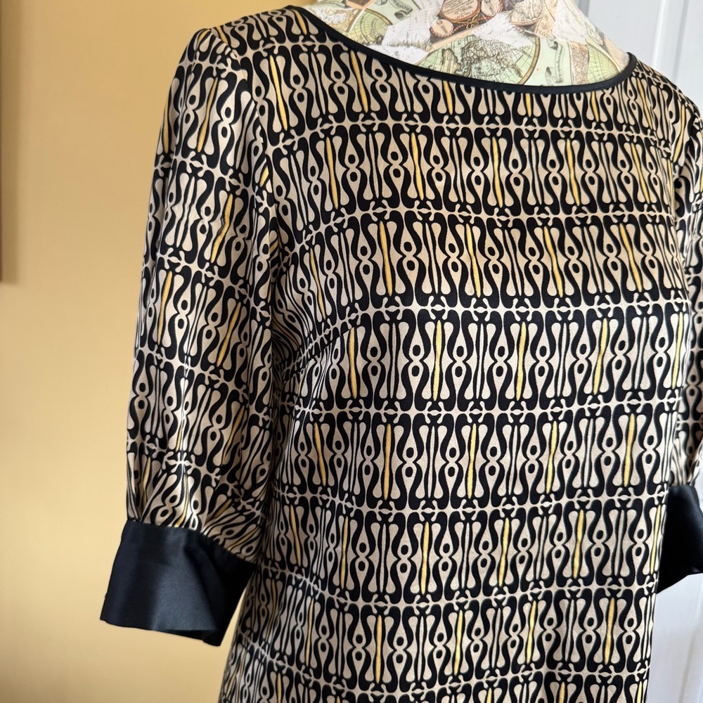Claude Brown 100% Silk Black and Cream Patterned Women's Shift Dress 2 - Picture 8 of 13